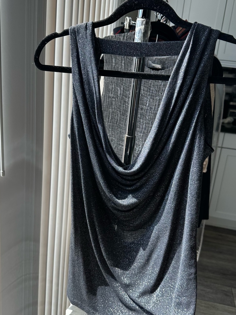 Sleeveless Black Shimmer Cowl Neck Top